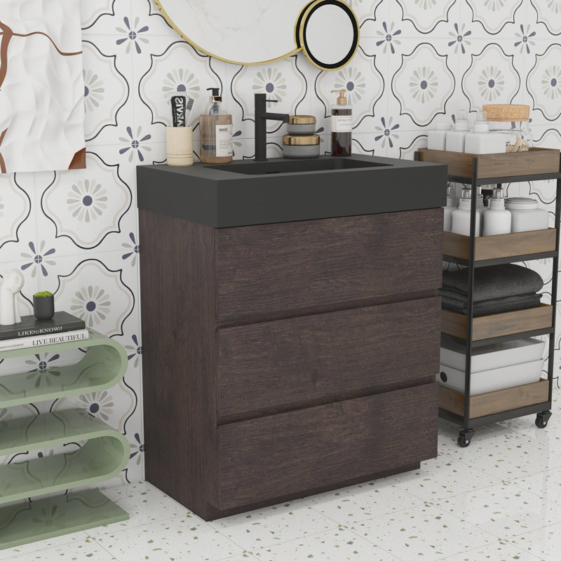 Grand meuble-lavabo moderne pour salle de bain, Noyer, Noir, noir, noir, noir