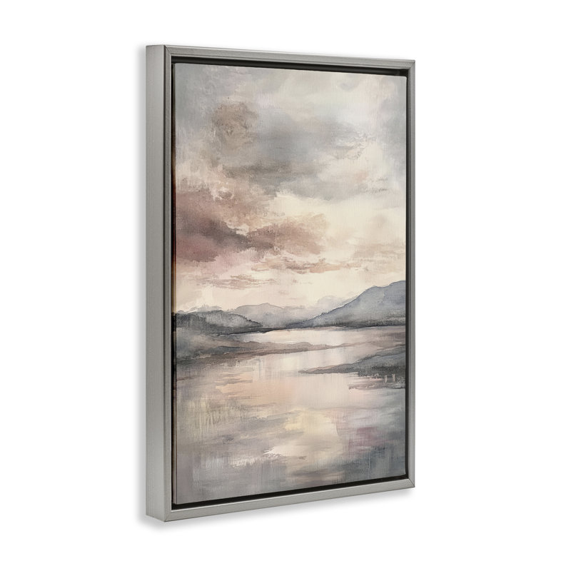 Cadre flottant de paysage de lac couvert de nuages, design par Petal Prints Design, H 25 po x l 17 po