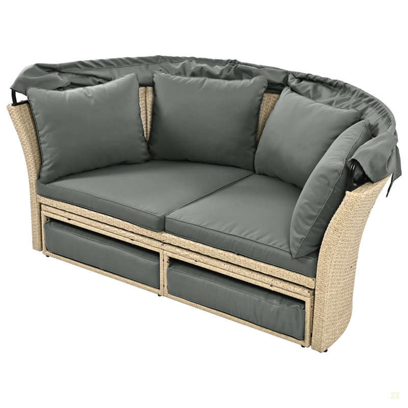 Ensemble de mobilier d'extérieur pour lit de jour en rotin et osier avec canapé escamotable et 4 coussins, Gris