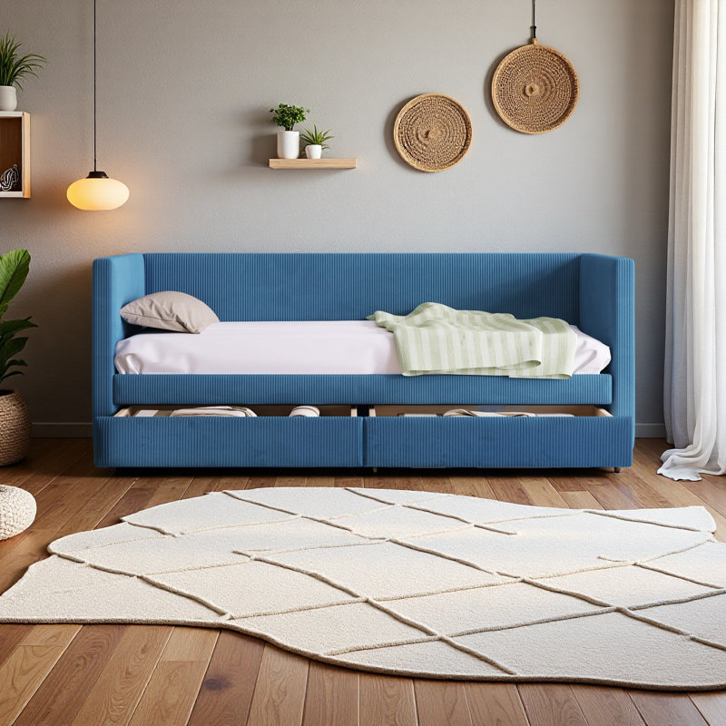 Twin Size Corduroy Daybed With Two Drawers And Wood Slat, Blue