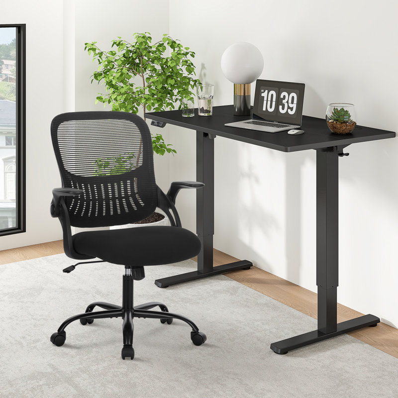 Ensemble de bureau: bureau électrique debout et chaise de bureau en filet, Noir, noir, noir, noir