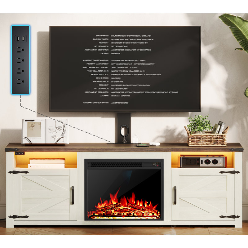 Fireplace TV Stand with Mount and Charging Station LED Lights, Entertainment Center with Height Adjustable Swivel Mount and Barn Doors Storage Cabinets for TVs Up to 70 inch