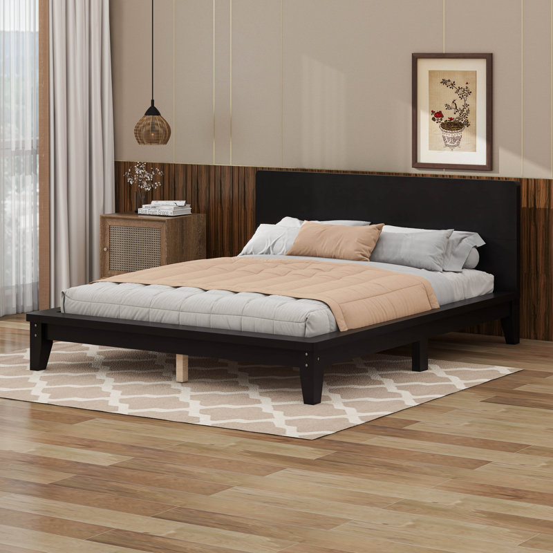 Cadre de lit en bois, cadre de lit en bois avec tête de lit solide, Double, Noir