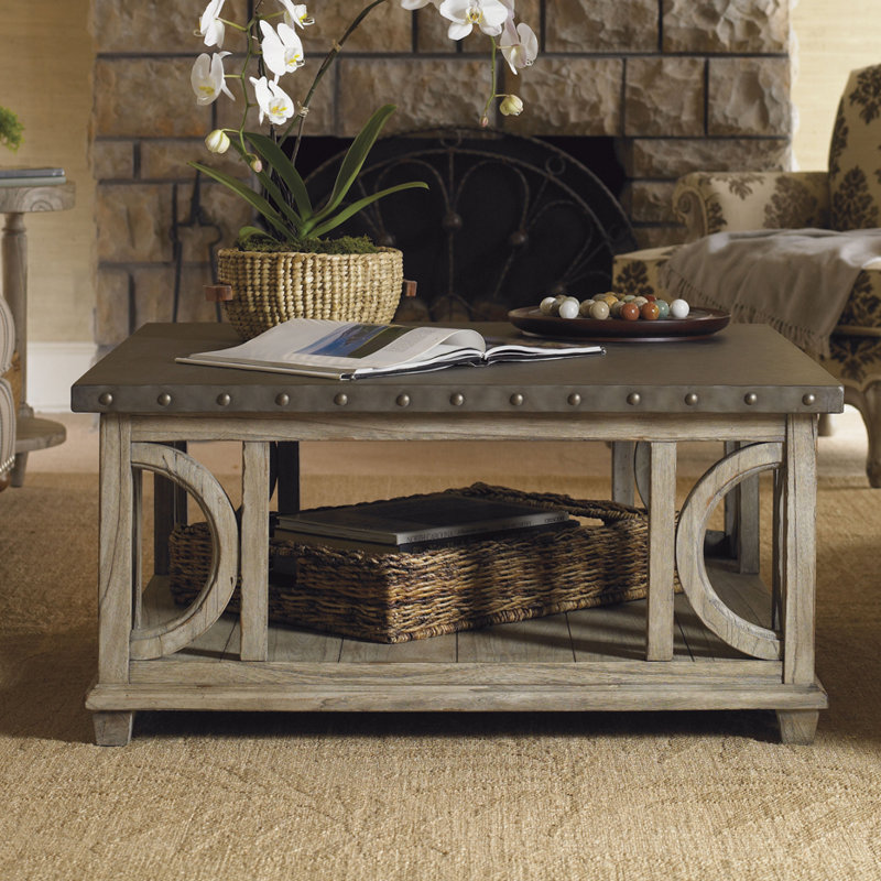 Elegant Traditional Square Wood and Metal Cocktail Table in Taupe-Gray