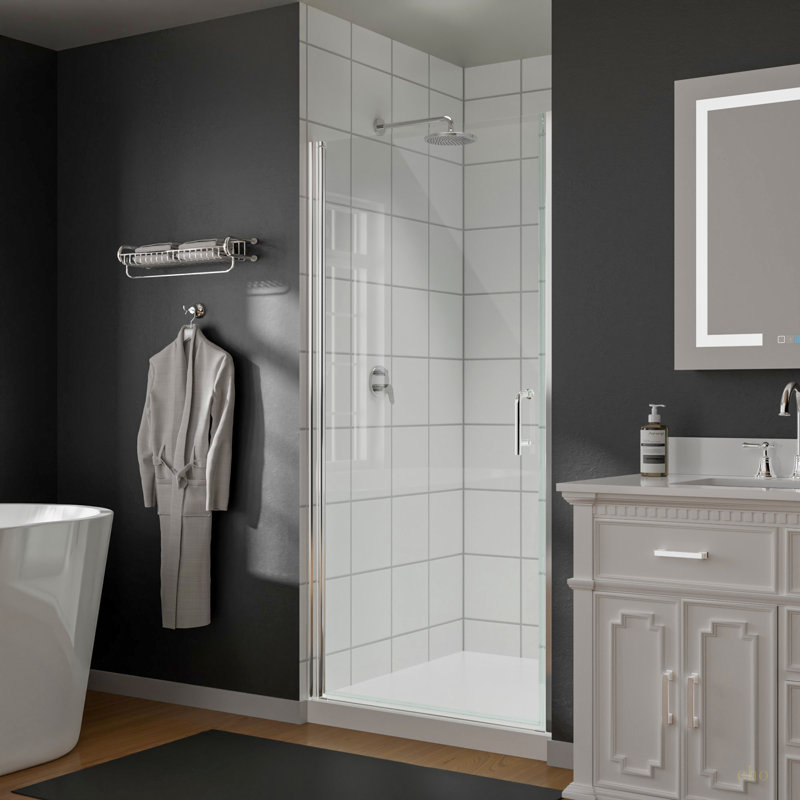 36 po Jusqu'à 37 3/8 po X 72 po, porte de douche pivotante semi-sans cadre en chrome avec verre transparent