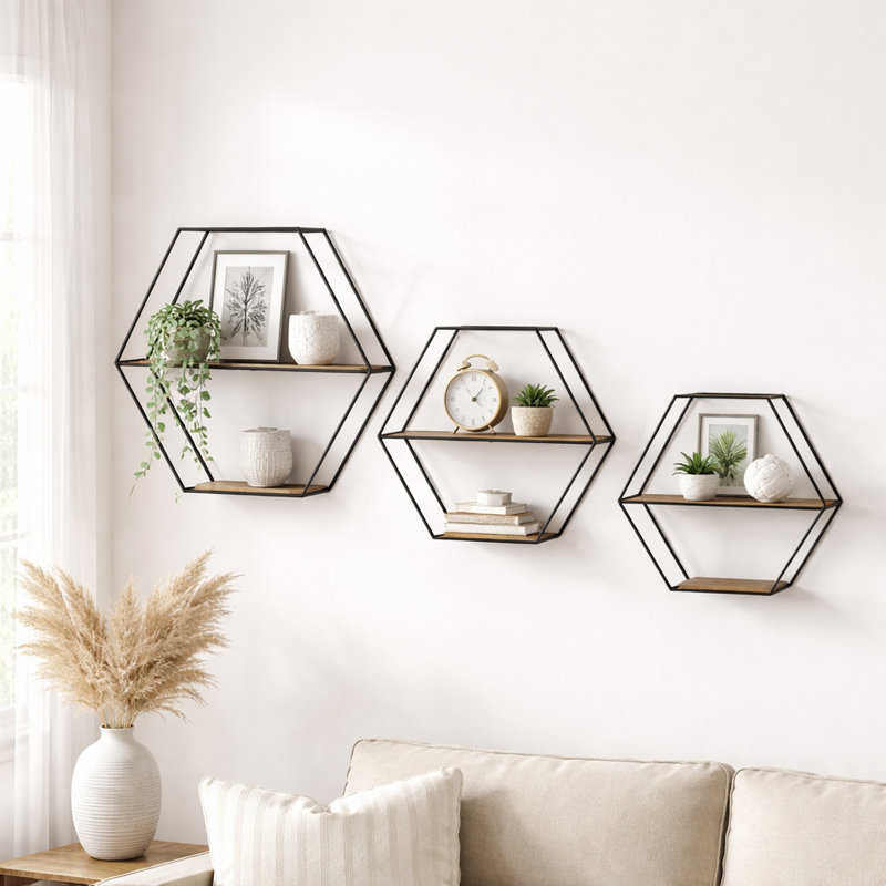 Metal and Wood Hexagon Wall Shelf Sculpture for Home Decor - Decorative Wall Accent for Bedroom or Office - Set of 3, 26", 24", 21", Black