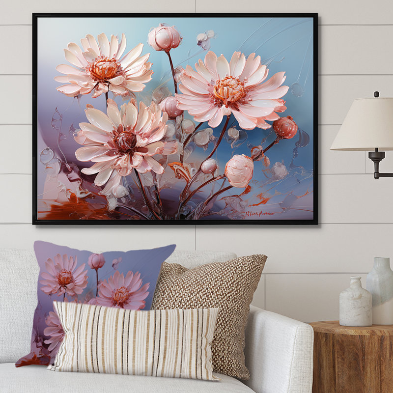 «Pink Mums», art de champ de fleurs liquides sur toile, Encadrement doré, 16" H x 32" W
