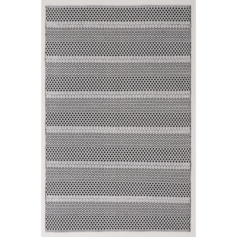 Tapis géométrique en coton tissé à plat à la main en noir, Rectangle 5 pi x 8 pi
