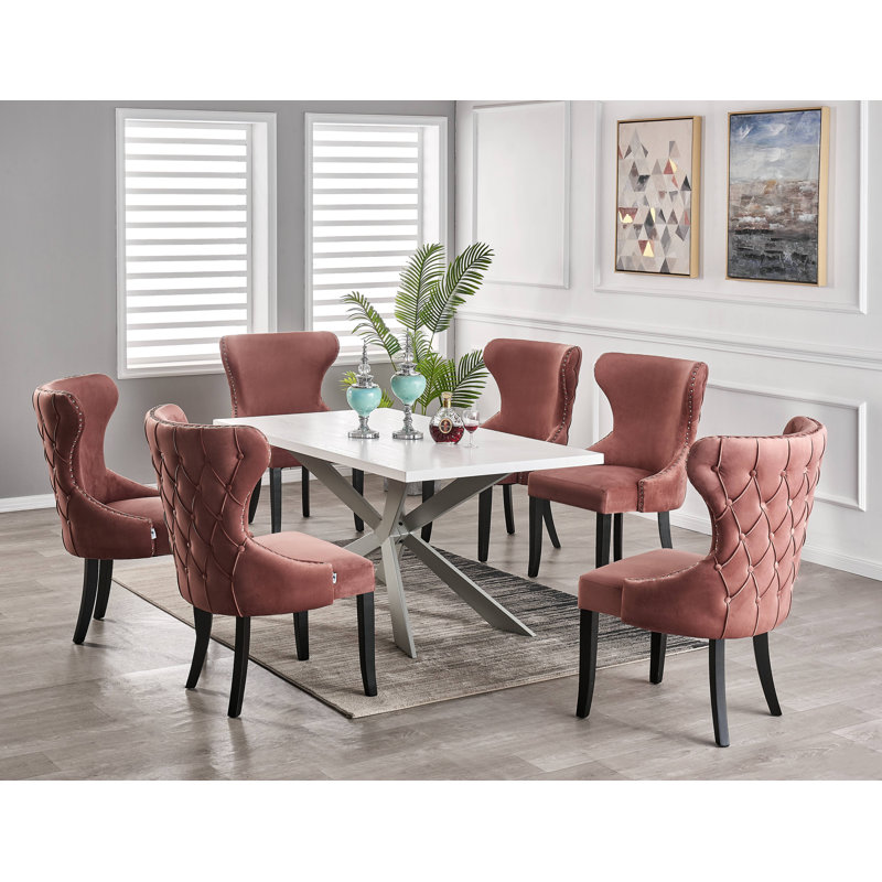 Devries 6 Person Dining set - a Rectangular Wooden Dining Table with Metal Legs and a Set of 6 Quilted Velvet Dining Chairs for Dining Room - Modern Dining Table Set