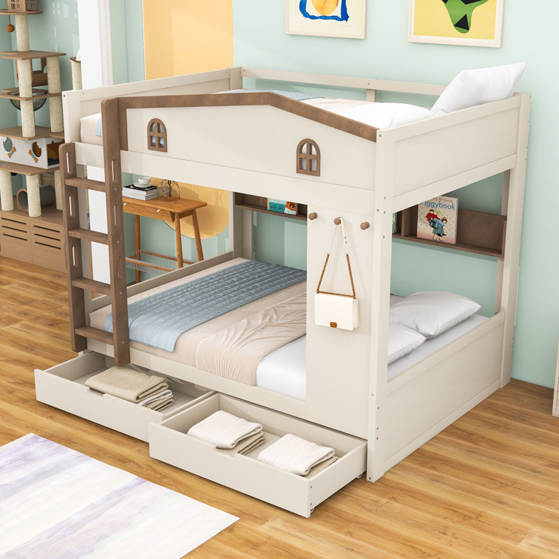 Lit superposé grand en bois avec tiroirs de rangement et tablettes, Naturel beige
