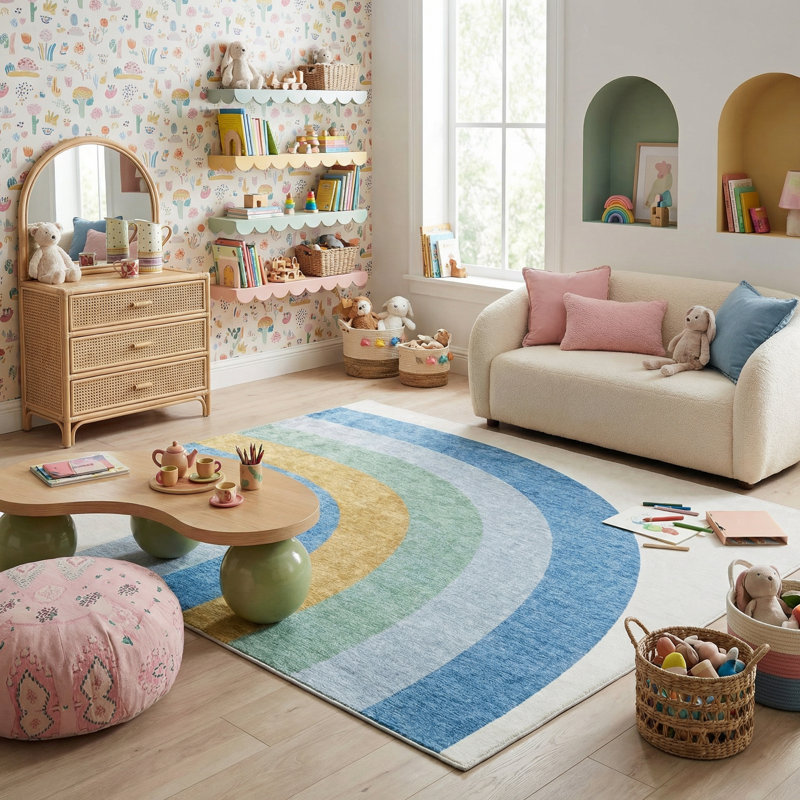 Rug Branch Skye 5' x 8' (5'3" x 7'7") Blue/Ivory Rainbow Kids Area Rug, Modern, Medium Pile, Stain-Resistant Carpet - Playroom, Nursery, Toy Room and Bedroom