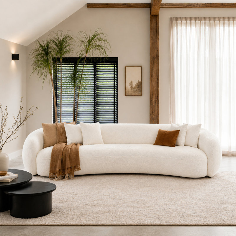 101.3"Boucle Curved Half - Moon 5 - Seater Sofa, Modern Leisure Couch For Living Room Gatherings & Stylish Lounging, White