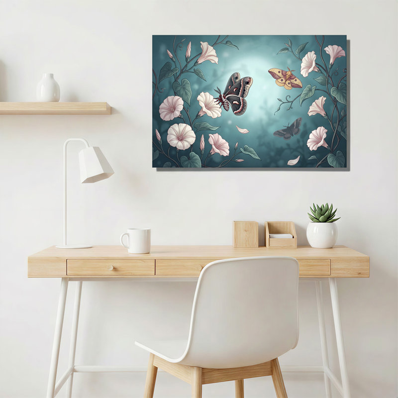 «Moths and Pink Flowers on Teal», art mural sur toile, 18"H x 24"W