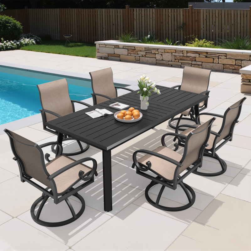 6 - Person Aluminum Outdoot Dining Set with Sunbrella Swivel Armchair, Brown/Black