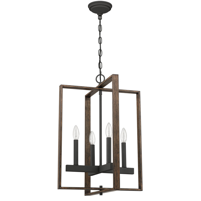 4 - Light Steel Dimmable Retro Industrial Chandelier, Matte Black/Weathered Walnut