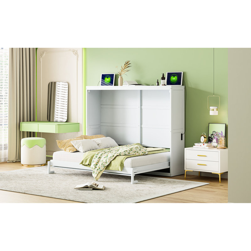 Lit blanc, lit escamotable grand format - peu encombrant avec du bois, Blanc, Grand lit