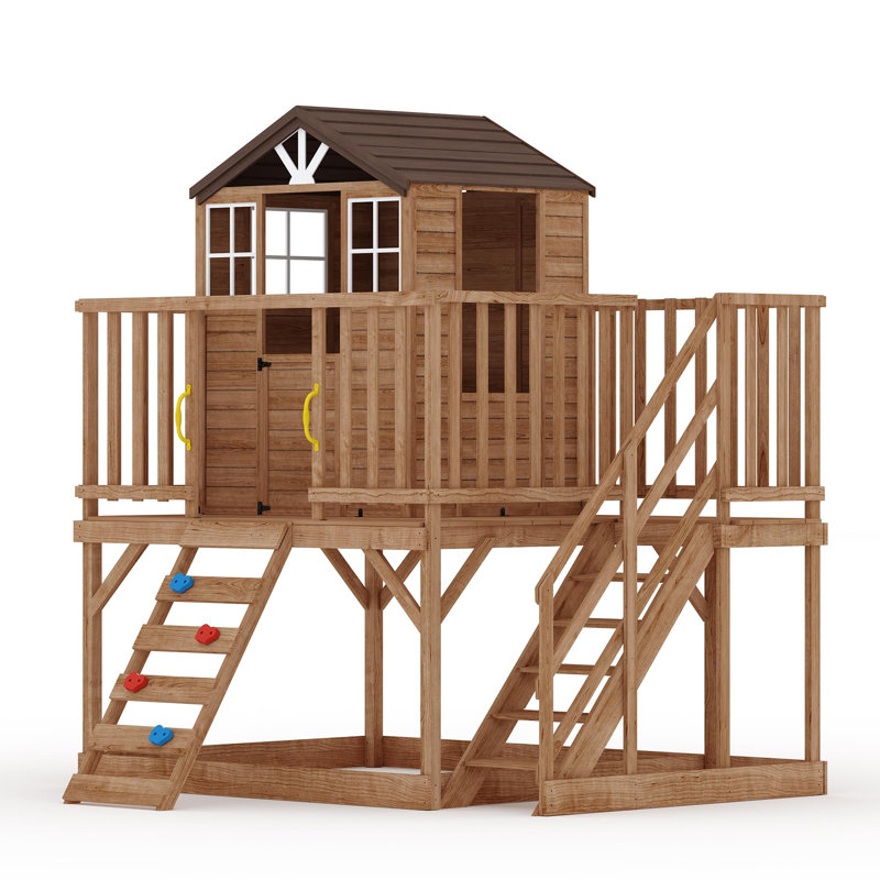Kids Outdoor Playhouse with Climbing Wall, 2 Story Wooden Playhouse with Sandbox, Elevated Cedar Wooden Kids Playhouse with Step Ladder