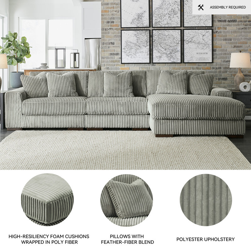 Lindyn 3 - Piece Upholstered Sectional, Gray Polyester, Right Hand Facing