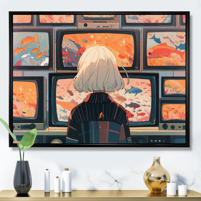 Personnage féminin d'anime II sur toile, Cadre flottant noir, H 12 po x l 20 po x P 1 po