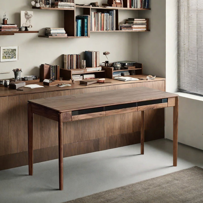 Bureau d'écriture simple et rétro en bois de noyer massif, H 29,92 po x l 66,92 po x P 27,55 po