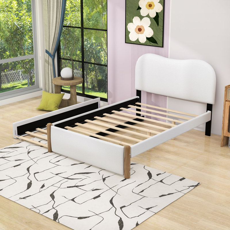 Lit plateforme tapissier avec lit gigogne simple et tête de lit, Double