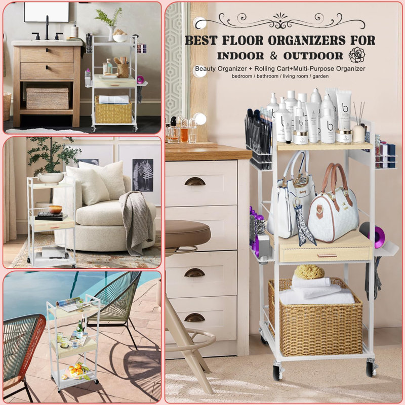 Portable Rolling Makeup Cart - Smooth-Rolling Wheels, Wooden Drawers, And Side Hooks For Organized Beauty Storage