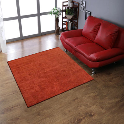 Manns Hand Knotted Loom Wool Eco-Friendly Area Rugs - Square, Light Red Color, Plain Solid Design, High Pile Thick Handmade Anti Skid Area Rugs for Living Room, Bed Room