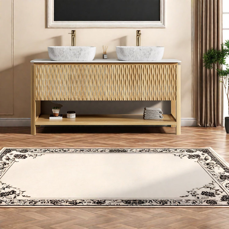 Meuble-lavabo moderne de 60 po avec lavabo en bois durable et motif en marbre, idéal pour les maisons spacieuses