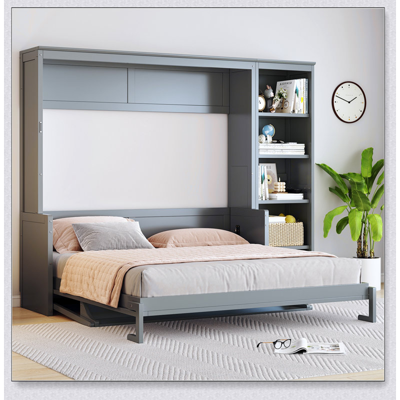 Murphy Bed With Desk And Bookshelf, Grand lit, Gris
