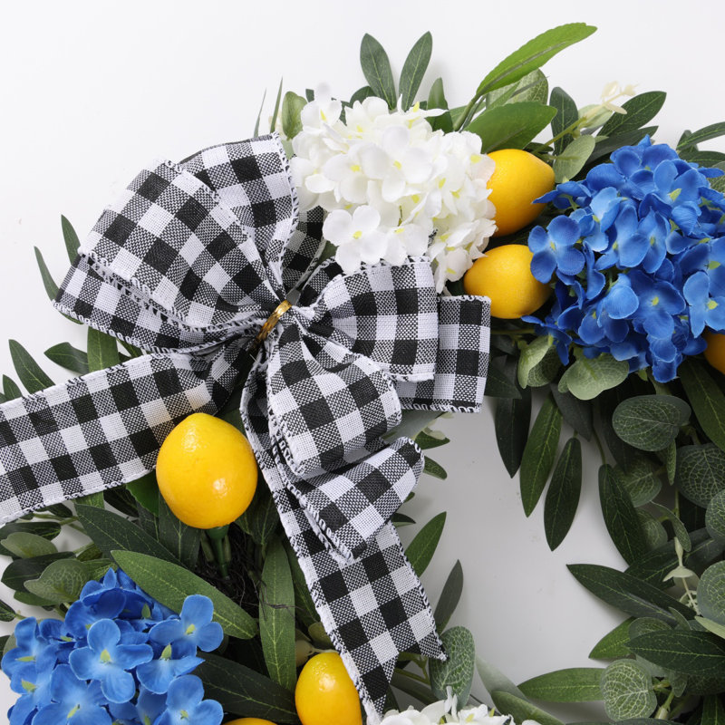 Couronne de fleurs 19,7 "artificielle citron et hortensia, porte à suspendre pour la maison, le mur et la fenêtre