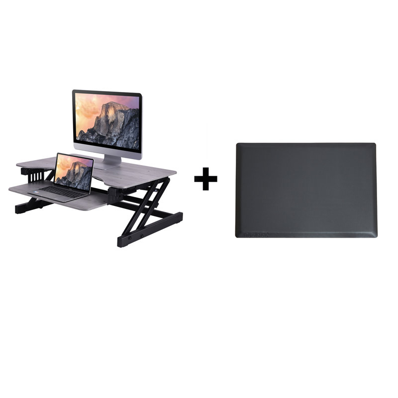  32 in. Gray Height Adjustable Standing Desk Converter with Anti Fatigue Mat and Dual Monitor Riser System