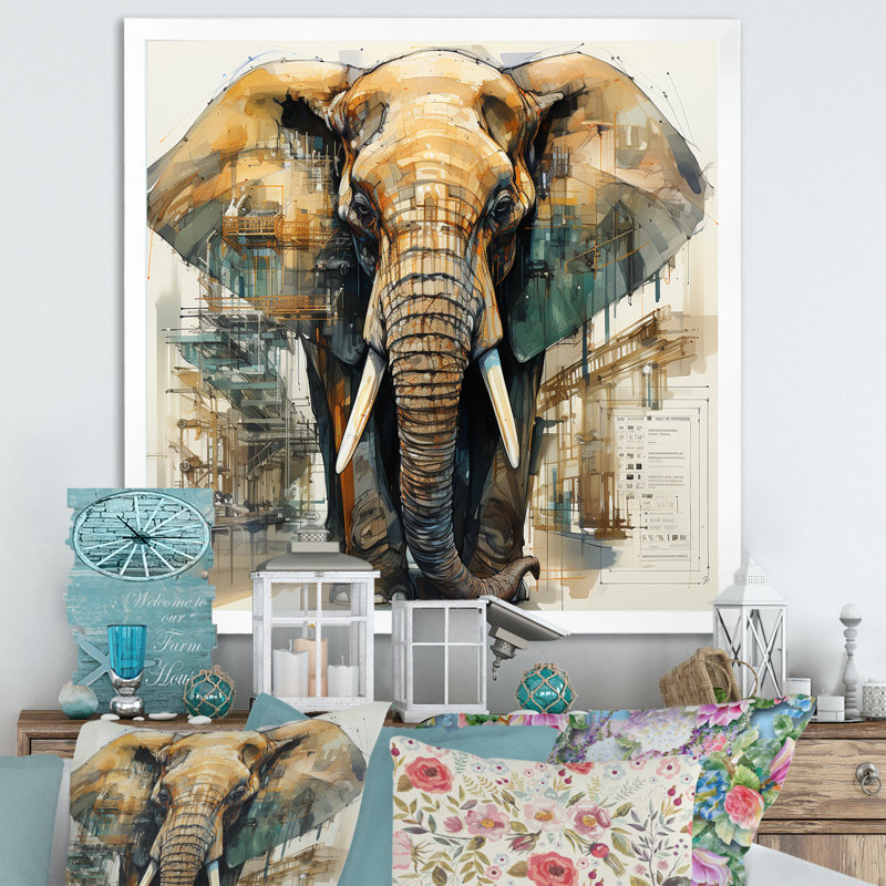 Dessin d’analytique d’un éléphant, Cadre simple blanc, H 16 po x l 16 po x P 1 po