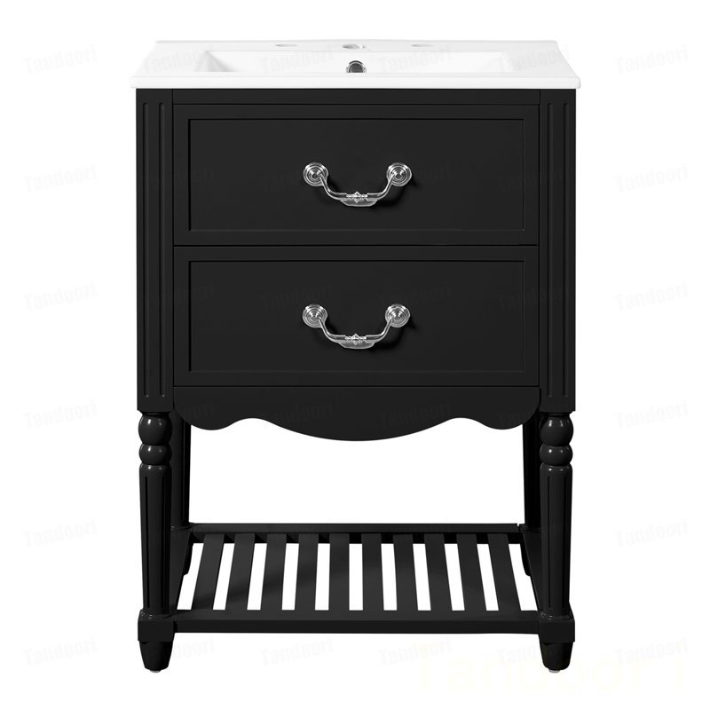Bathroom Vanity with Ceramic Sink, Bathroom Cabinet with Two Soft-Close Drawers and an Open Shelf, Vintage Elegant Wave Design