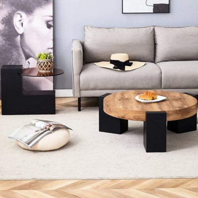 Modern Simple Double-Layer Round Coffee Table - Transparent Brown Glass Top With Black MDF L-Shaped Legs.The Detachable Design Can Make The Use Of Space More Flexible.W1151P209571 (Only Including Table)