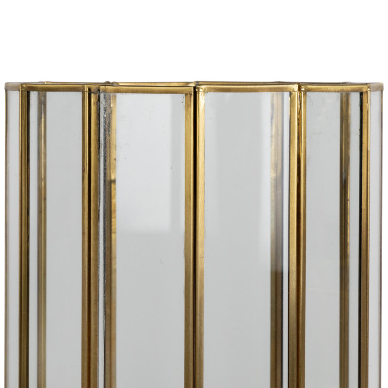 Glass Hurricane Mirrored Pillar Candle Holders - 11.75" - Brass Finish - Set Of 2