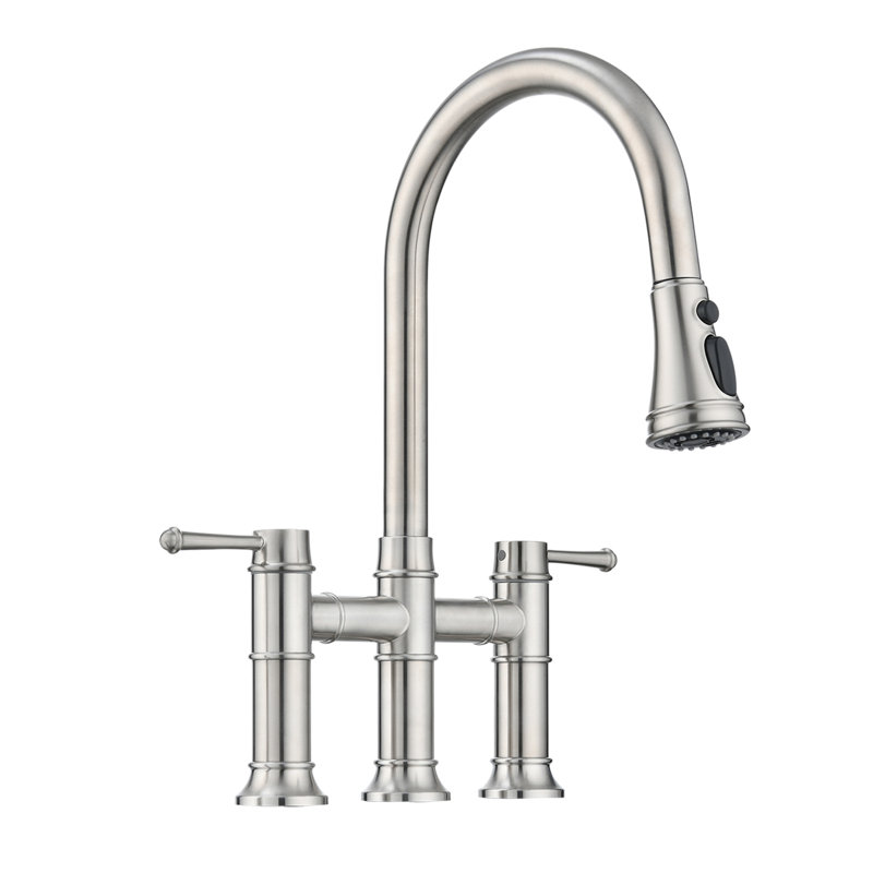 Topcraft Two Handle Bridge Kitchen Faucet with Pull Down Sprayer, Stainless Steel/Brushed Nickel