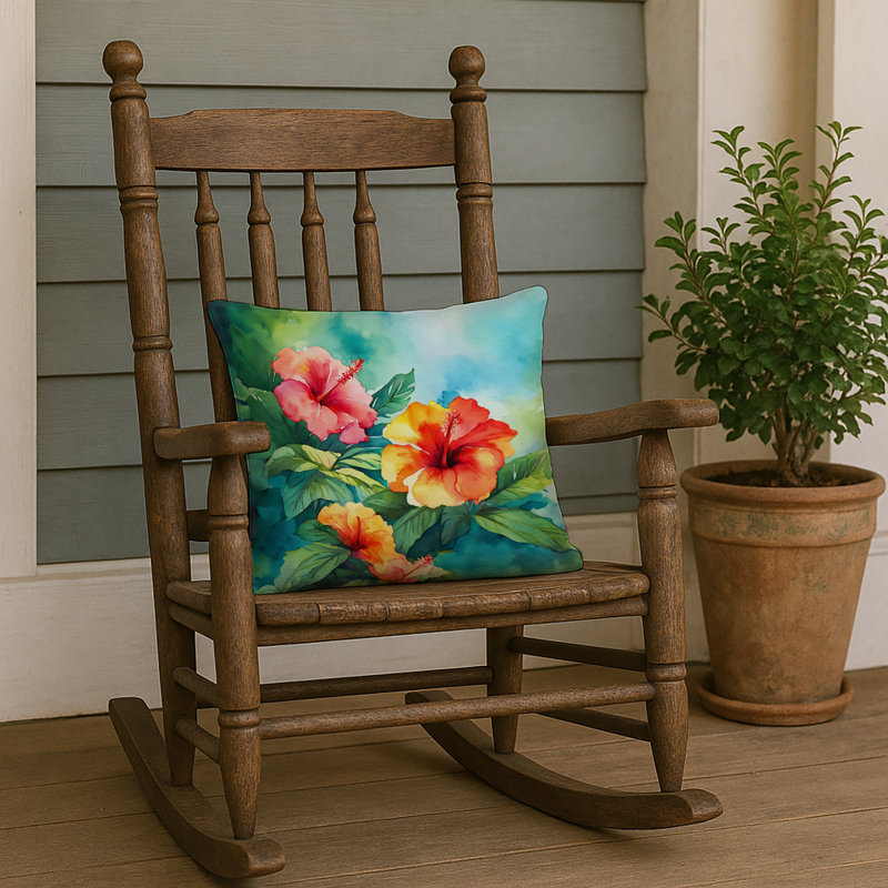 Coussin Hawaii, Hibiscus à l'aquarelle, Carré 18 po