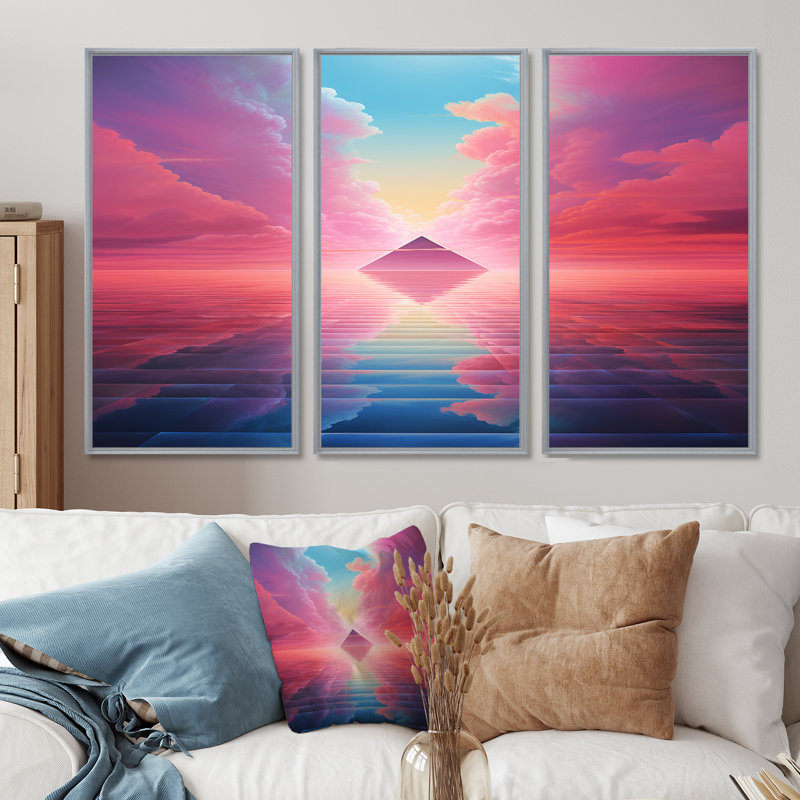 «Pink Diamond Horizon», ensemble d'art mural paysage abstrait, Encadrement argenté, H 28 po x l 36 po x P 1 po