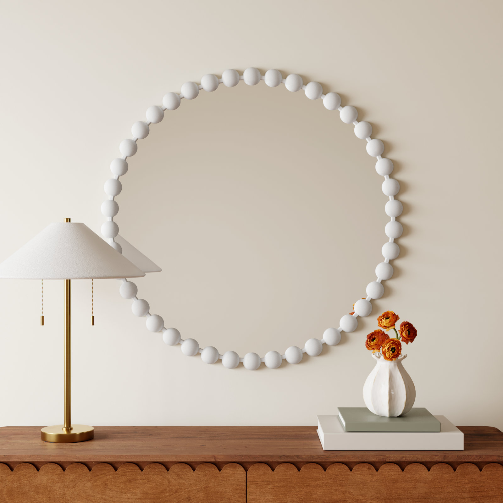Marlowe Beaded Round Metal Wall Mirror, 36" x 36", Matte White