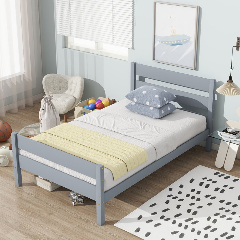 Twin Bed with Headboard & Footboard, Rubber Wood Construction, Grey
