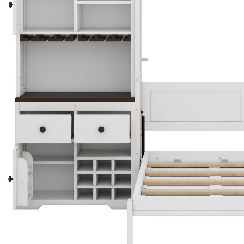Lit escamotable avec armoire de rangement, support à vin, porte-verre, tiroirs et bande à DEL multicolore, White