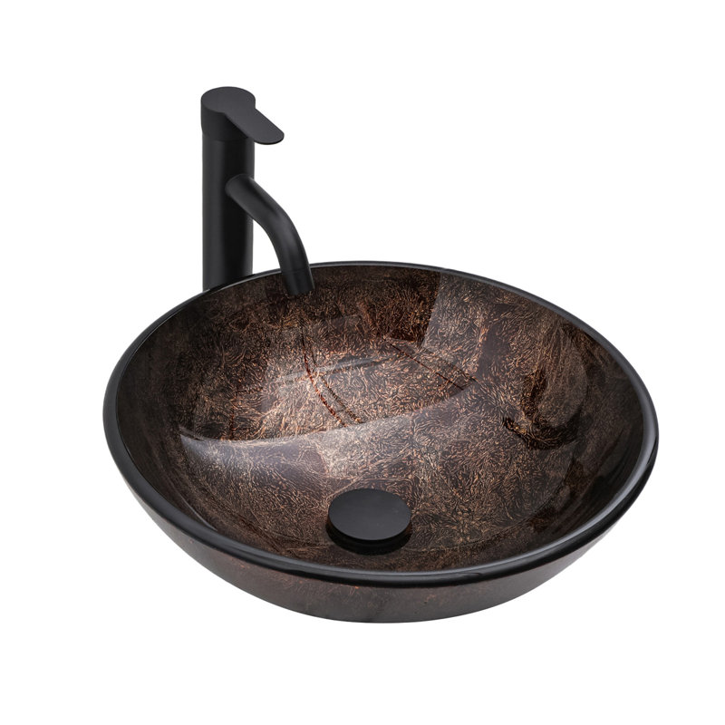 Bathroom Artistic Tempered Glass Vessel Bathroom Sink With Black Faucet And Pop-Up Drain, Textured Brown Oval Basin Tempered Glass Vanity