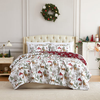 Southshore Fine Linens White Christmas Reversible Quilt Bedding Set, 7-Piece with 1 Quilt, 2 Standard Shams, 2 Euro Shams, 1 Throw Pillow and 1 Pillow Cover, Full/Queen