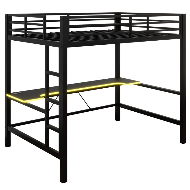 Structure de lit mezzanine en métal avec bureau et lumière DEL Gaming, lit mezzanine avec bureau, Noir, Double