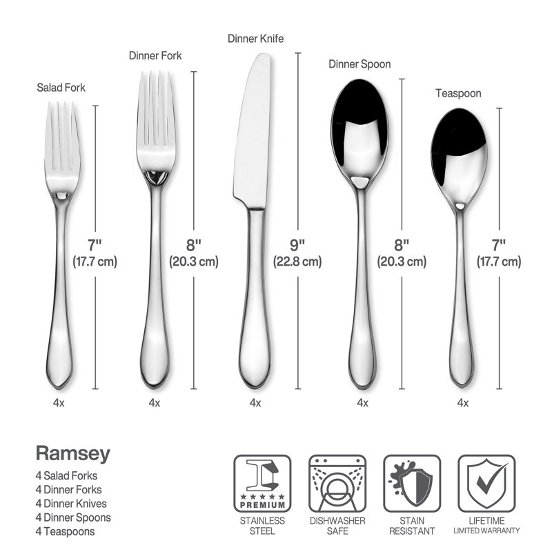 Ensemble de couverts 20 pièces Mikasa Ramsey, service pour 4, acier inoxydable 18/0