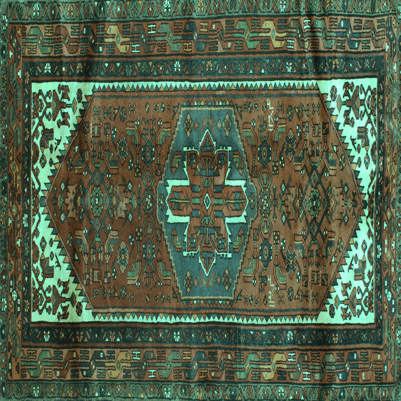 Tapis oriental fabriqué à la machine en vert / brun, Carré 8 pi