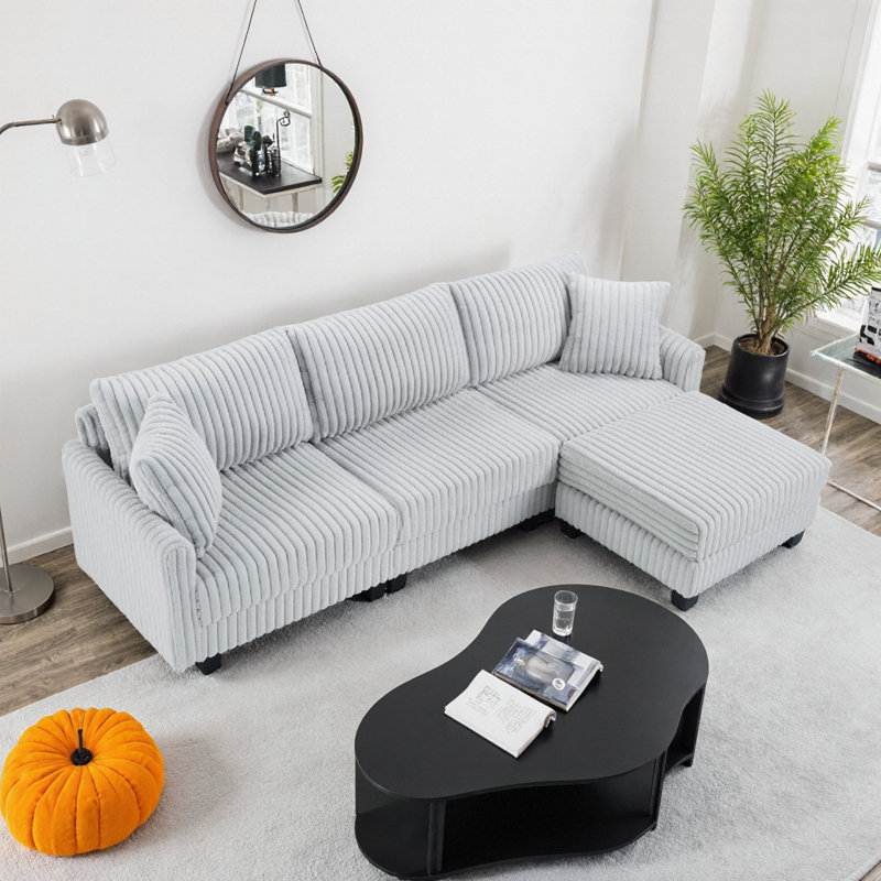 Grey L-Shaped Convertible Corduroy Sofa with Charging Ports, 100" Modular 3-Seater Floating Design