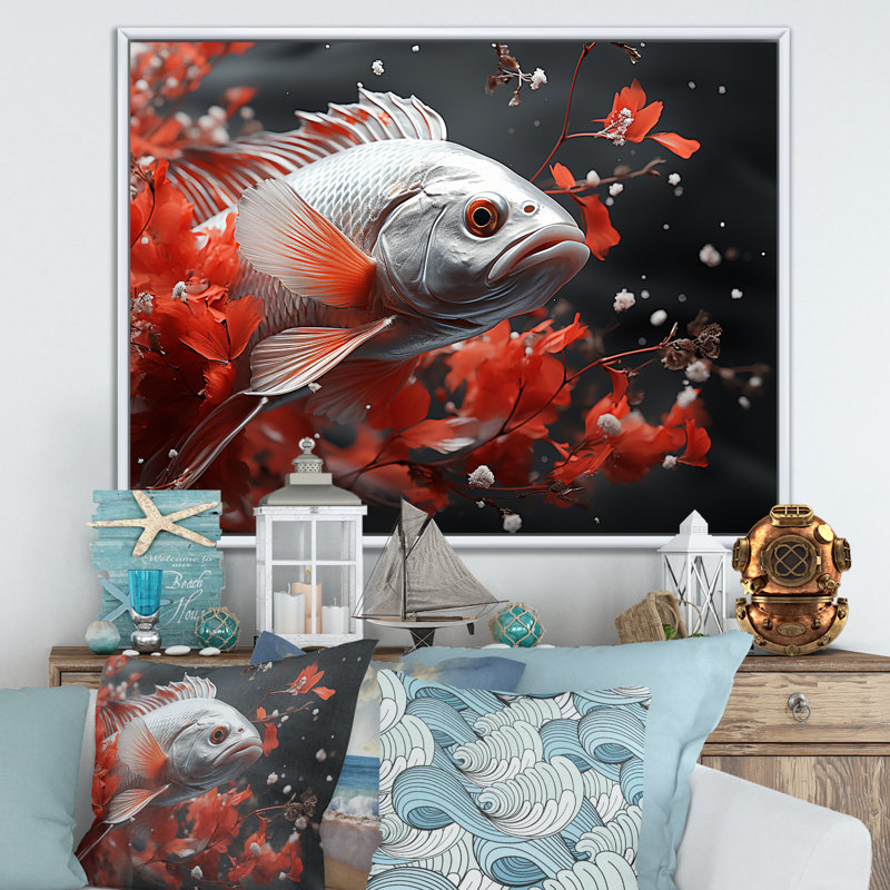 " Red And Gray Kois Fish Swimming With Serenity III ", White Floater Framed, 30" H x 40" W x 1.5" D