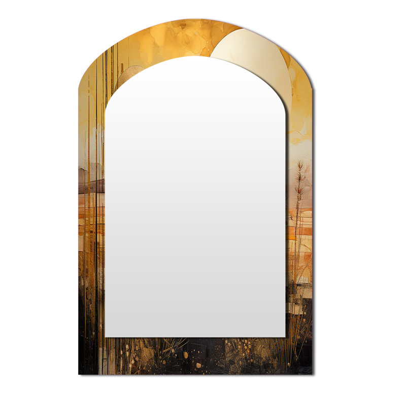 Golden Sunset Cottage Countryside Landscape II - Grand miroir mural arqué sur métal, 43 po x 33 po