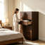 Commode haute à 7 tiroirs brun foncé, meuble vertical en bois avec poignées dorées, meuble de rangement pour vêtements sur pied pour chambre à coucher